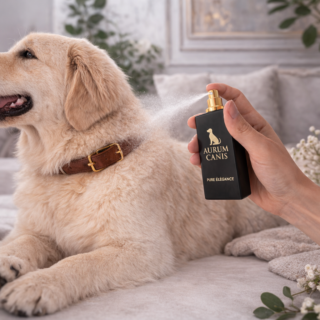 Application du parfum pour chien Aurum Canis Pure Élégance sur le pelage d’un golden retriever