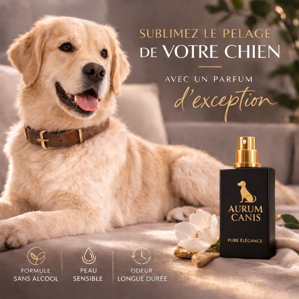 Parfum pour chien Aurum Canis Pure Élégance sans alcool, pour pelage sensible et odeur longue durée