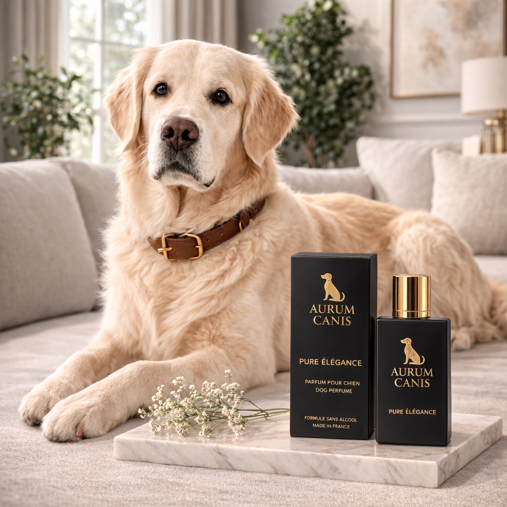 Flacon et boîte du parfum pour chien Aurum Canis Pure Élégance, parfum sans alcool pour chien