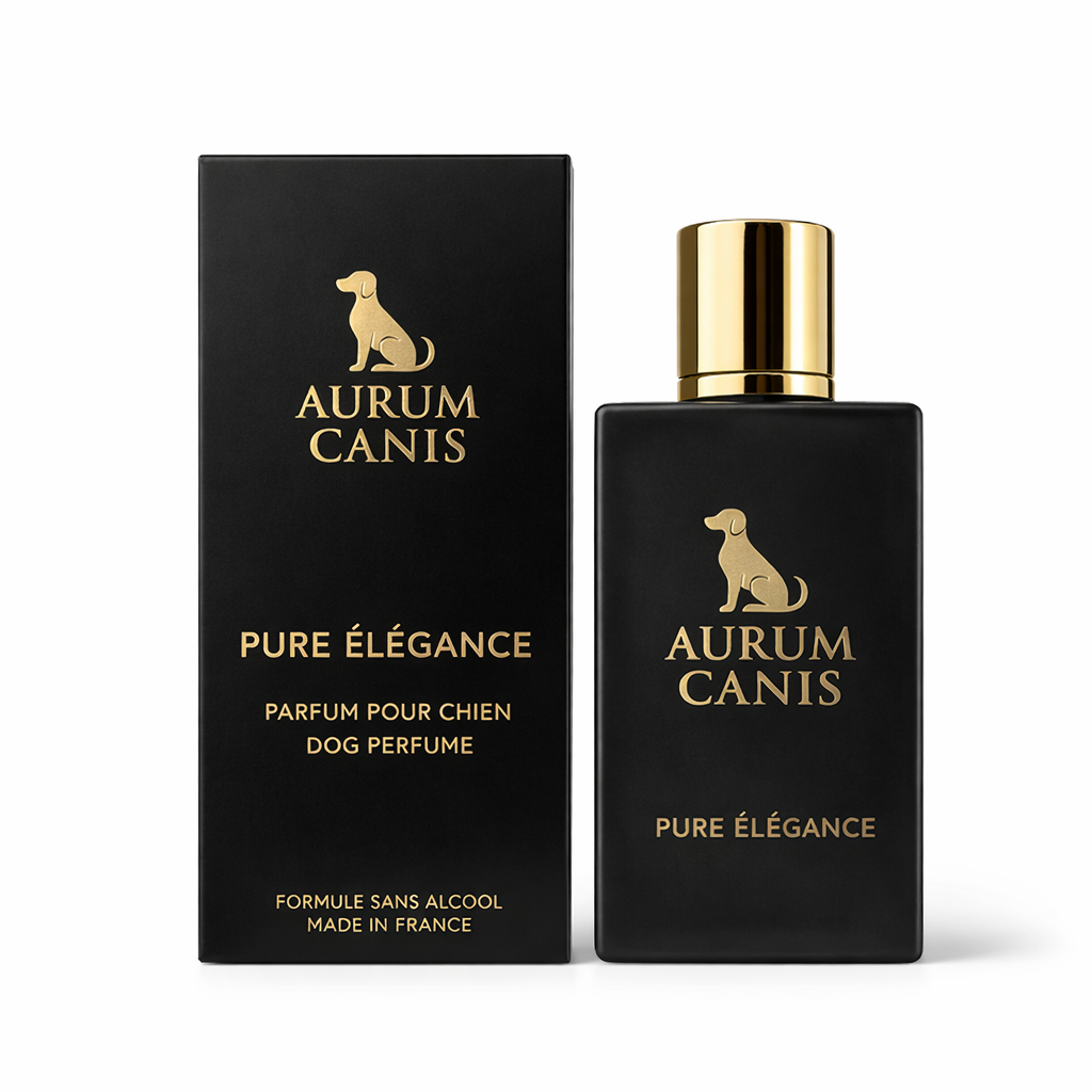 Flacon et boîte du parfum pour chien Aurum Canis Pure Élégance, formule sans alcool et sans huiles essentielles